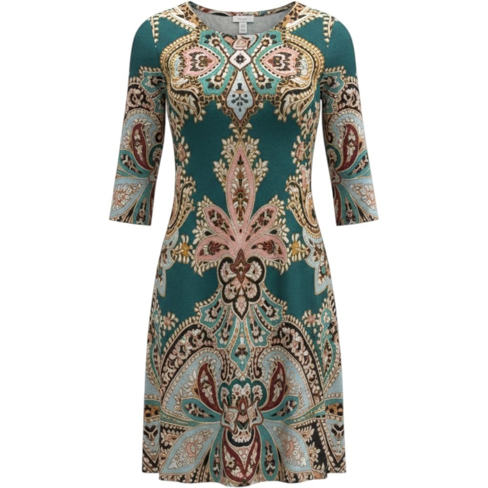 Chicos Teal Paisley Matte Jersey A-Line Dress 3/4 Sleeve Size 0 US 4/6